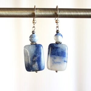 Blue White Sodalite Stone Rectangle Drop Earrings Silver Tone French Wire Boho